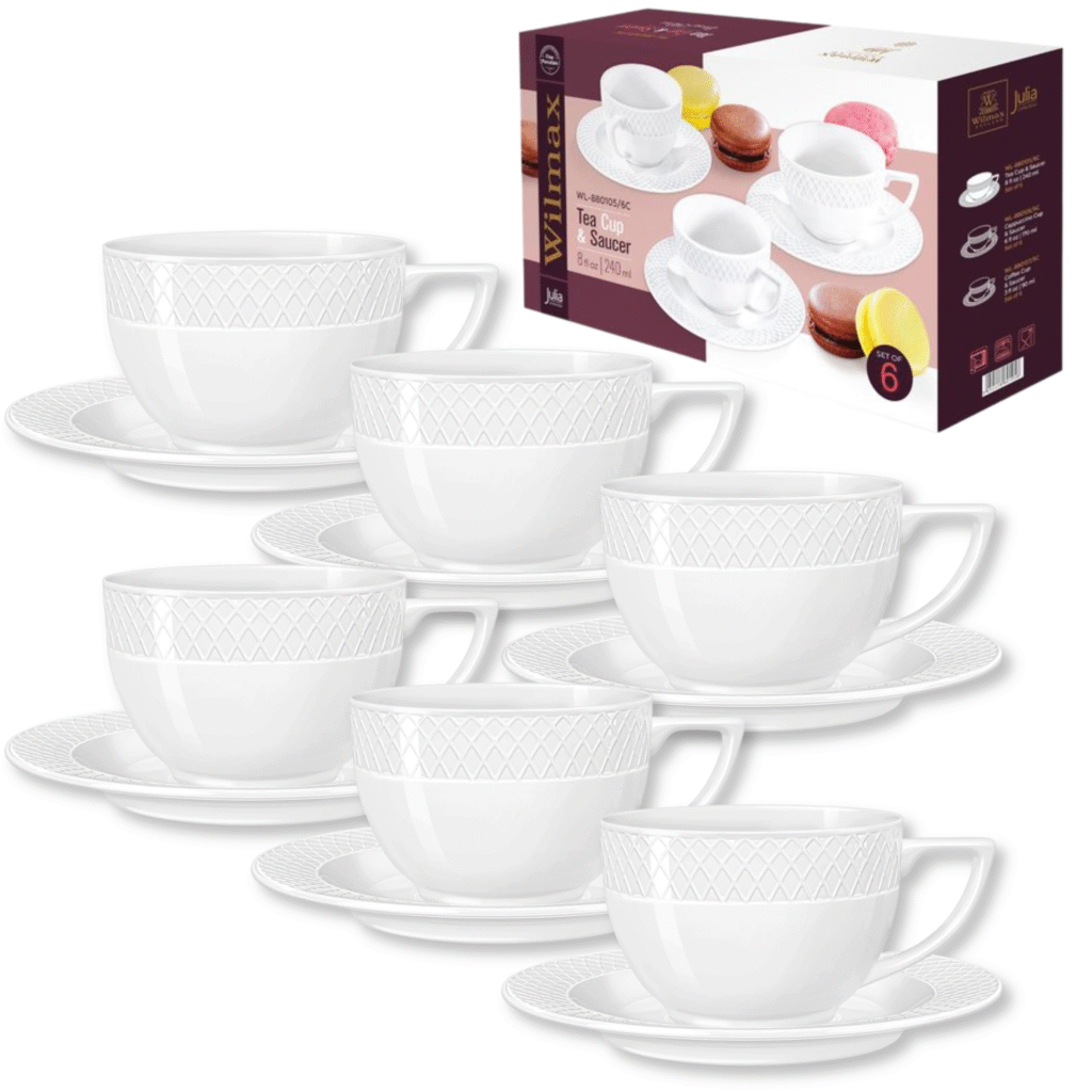 Filiżanka i spodek biały porcelanowy 240 ml zestaw 6 sztuk WL-880105/6C