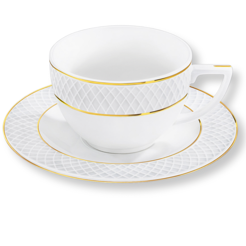 Filiżanka i spodek do kawy 90 ml biała porcelanowa ze złotym rantem WL-880102400/AB