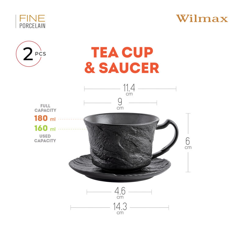 Filiżanka do herbaty ze spodkiem czarna matowa porcelanowa 180 ml WL-661151/AB