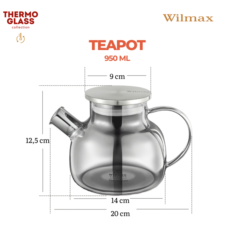 Dzbanek szklany do herbaty srebrny z pokrywką ze stali nierdzewnej 950 ml WL-888810002/A