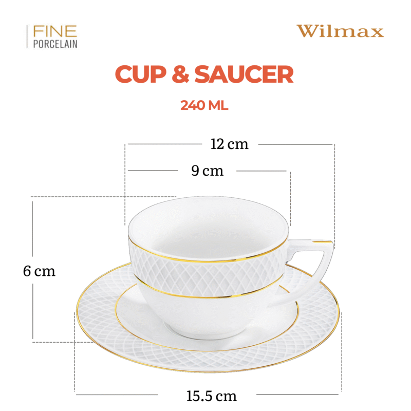 Filiżanka i spodek do herbaty 240 ml biała porcelanowa ze złotym rantem WL-880102404/AB