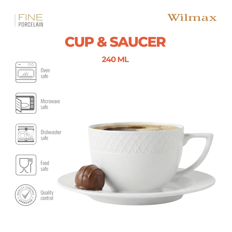 Filiżanka i spodek do herbaty 240 ml biały porcelanowa WL-880101404/AB
