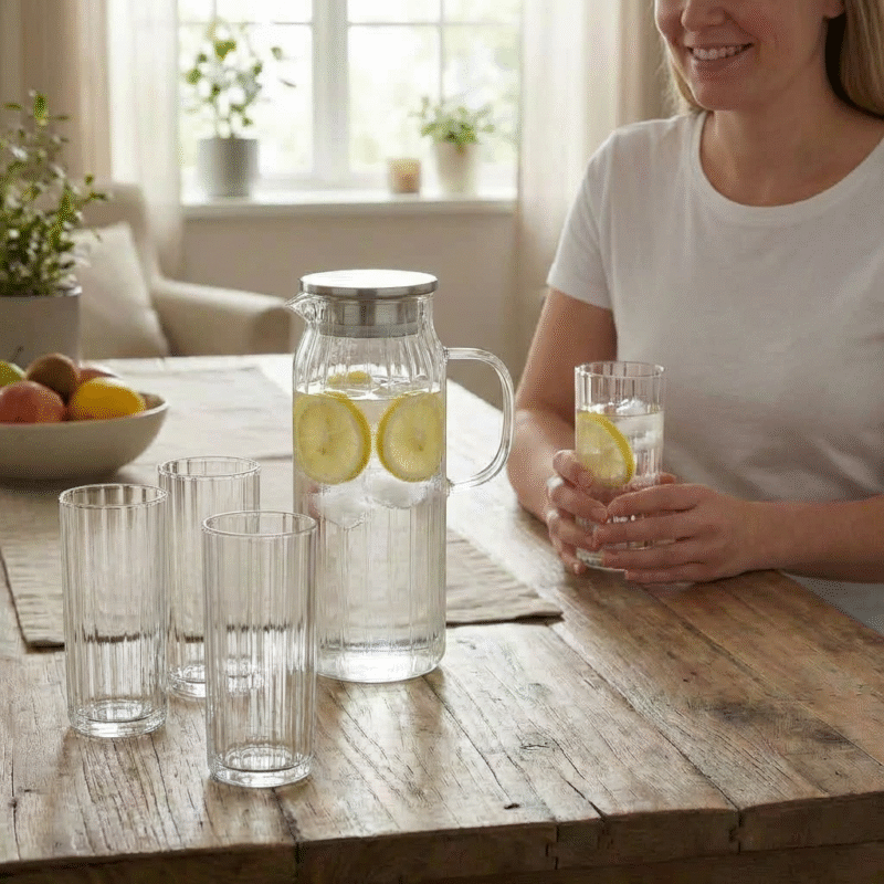 Zestaw do napojów wody i soku - dzbanek 1,5 l i 6 szklanek 300 ml