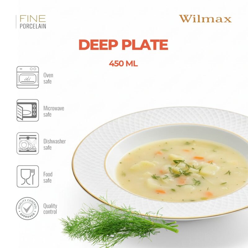 Talerz głęboki biały porcelanowy ze złotym rantem 22,5 cm 450 ml WL-880102303/A