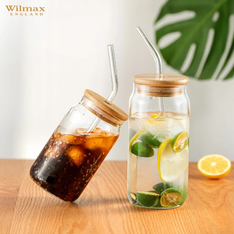 Słoik do wody napojów lemoniady z bambusową pokrywką i słomką 500 ml WL-888610/A
