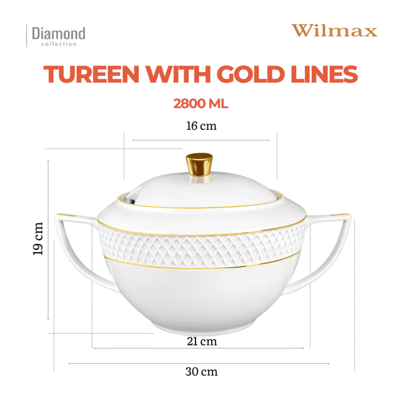 Waza na zupę 2800 ml biała porcelanowa ze złotym rantem WL-880102511/A