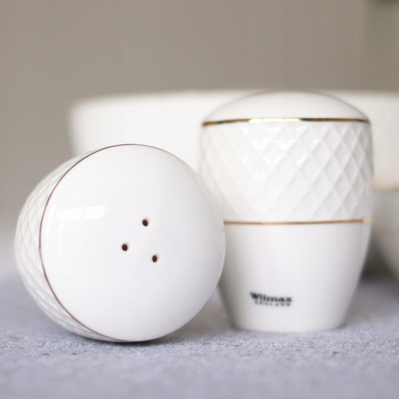 Solniczka i pieprzniczka zestaw biały porcelanowy ze złotym rantem WL-880102555/SP