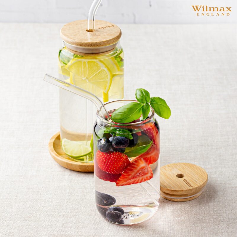 Słoik do wody napojów lemoniady z bambusową pokrywką i słomką 500 ml WL-888610/A