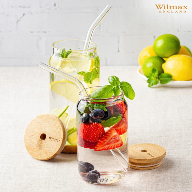Słoik do wody napojów lemoniady z bambusową pokrywką i słomką 500 ml WL-888610/A